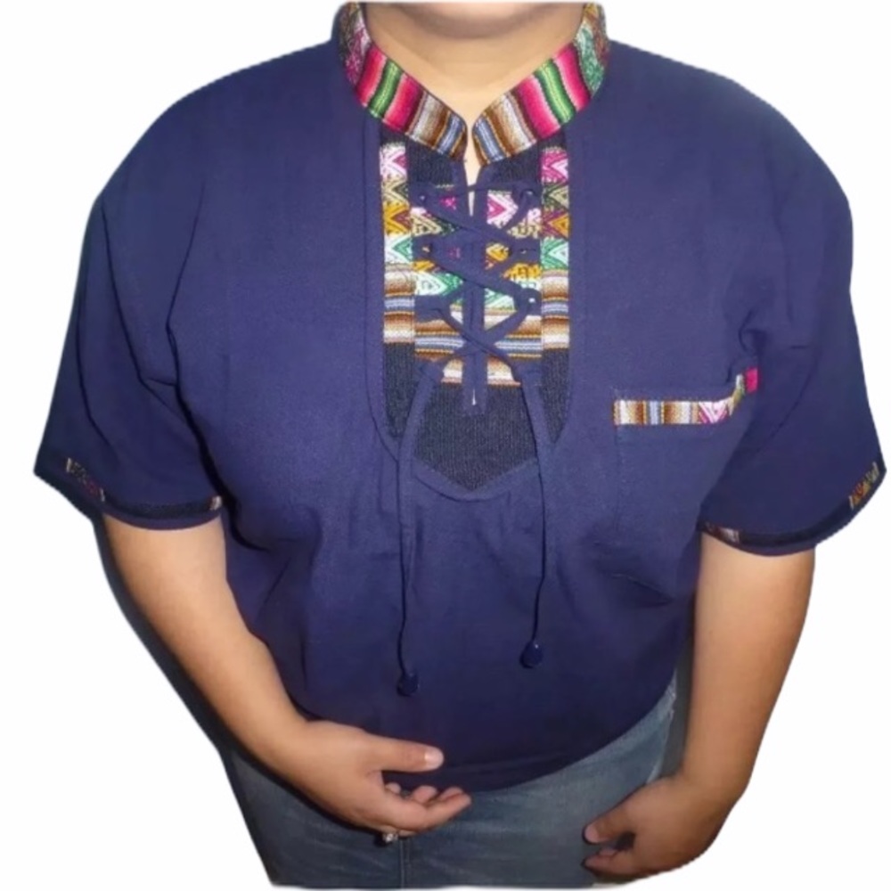 New Navy Lace-up Embroidered Collar Pocket Top Sm